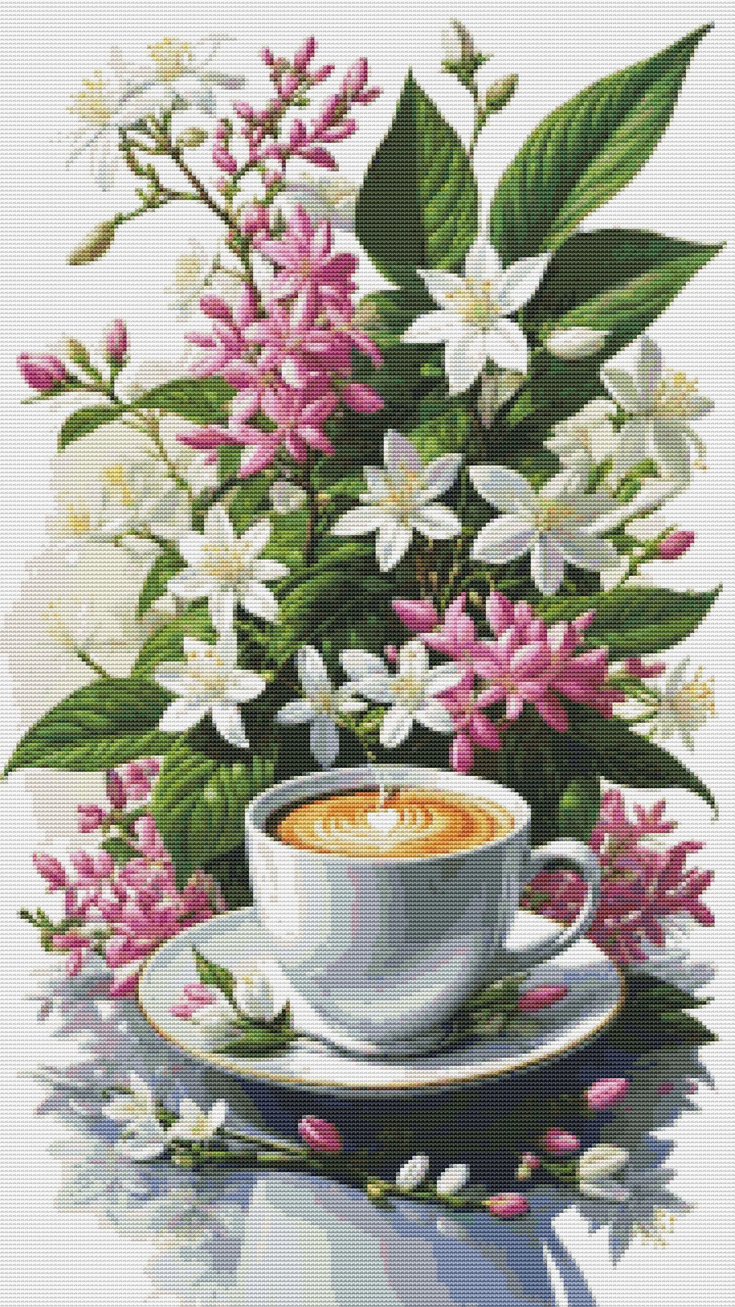 Coffee Time Cross Stitch Pattern Digital Pattern Watercolor Flowers Kitchen Still Life Modern Decor Pattern Cup of coffee Needlepoint chart