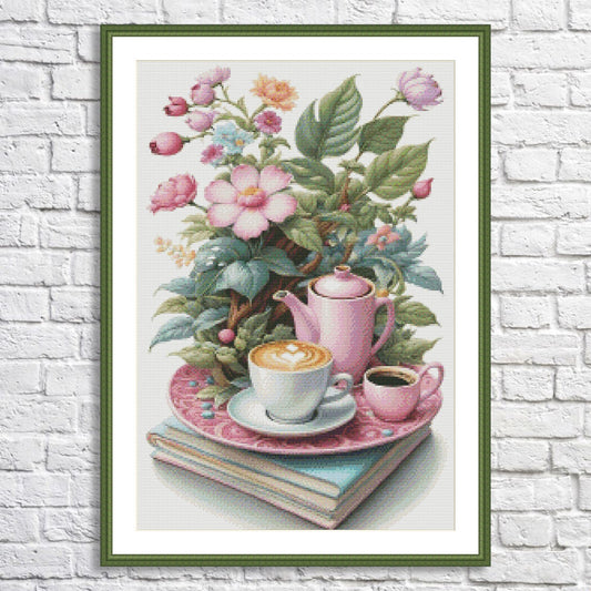 Coffee Time Cross Stitch Pattern Digital Pattern Watercolor Flowers Kitchen Still Life Modern Decor Pattern Cup of coffee Needlepoint chart