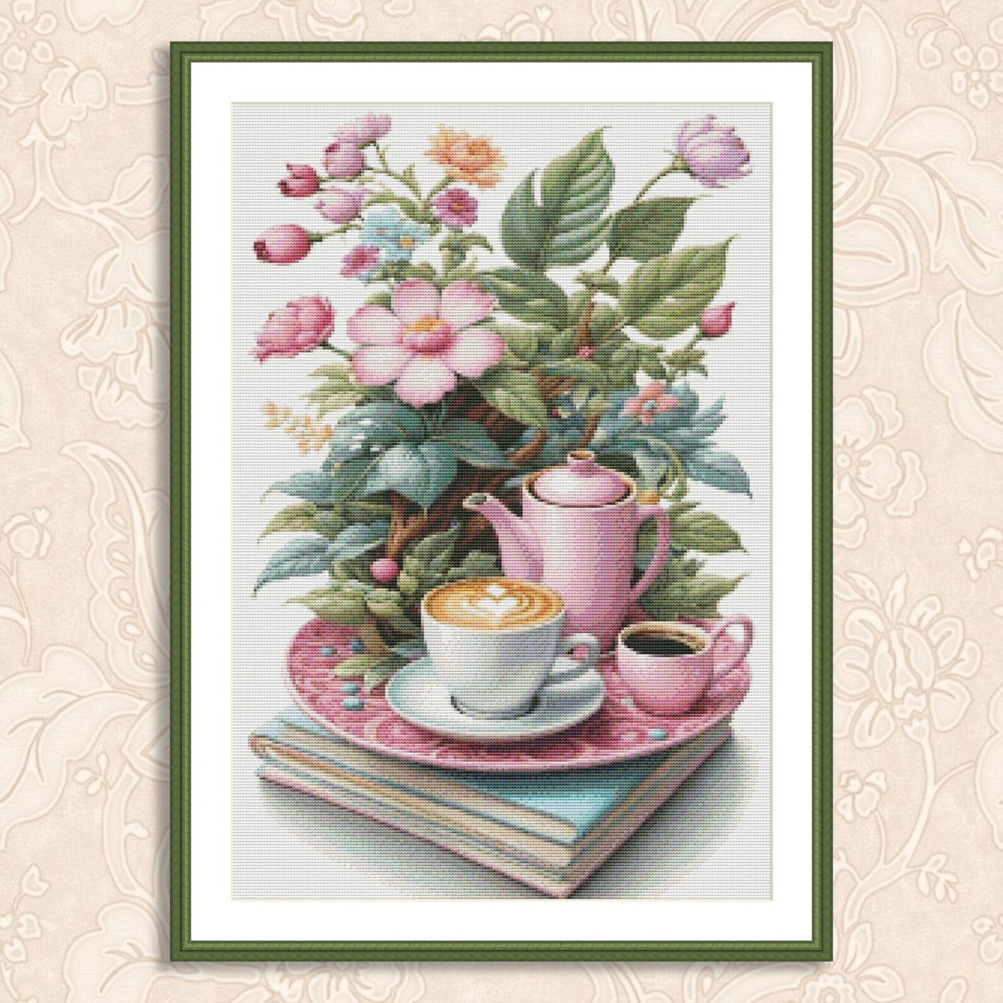 Coffee Time Cross Stitch Pattern Digital Pattern Watercolor Flowers Kitchen Still Life Modern Decor Pattern Cup of coffee Needlepoint chart