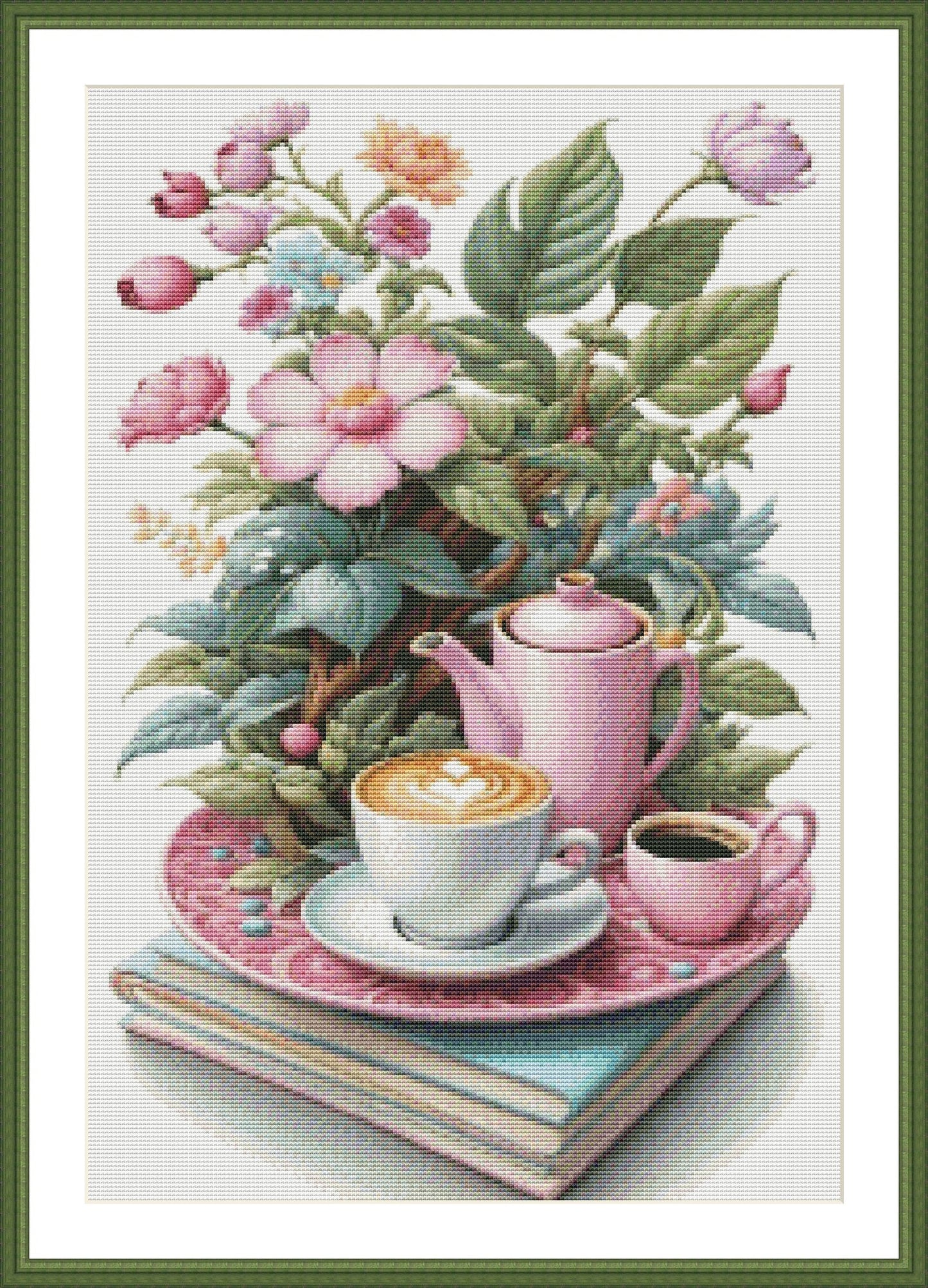 Coffee Time Cross Stitch Pattern Digital Pattern Watercolor Flowers Kitchen Still Life Modern Decor Pattern Cup of coffee Needlepoint chart