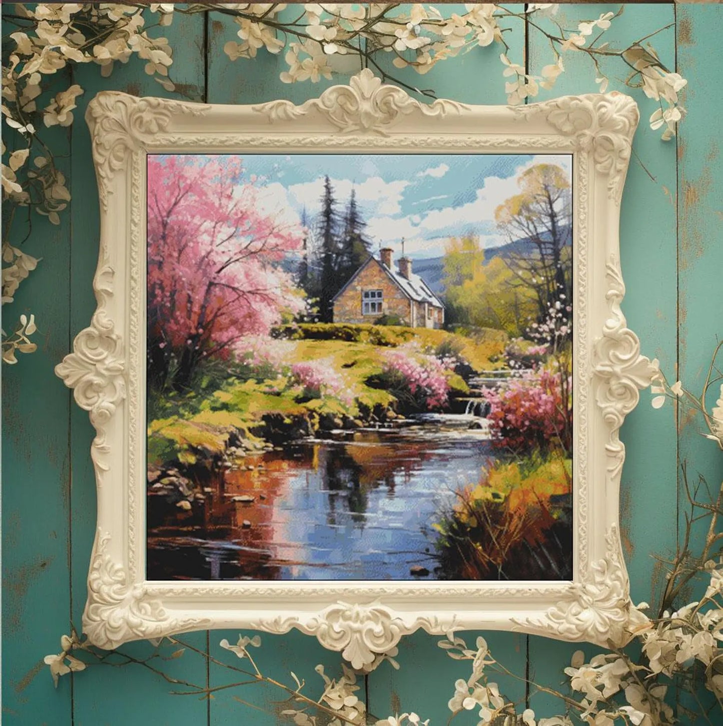 Cross Stitch Pattern PDF Spring landscape, farmhouse, river, landscape cross stitch pattern, dmc, cross stitch design, counted cross stitch