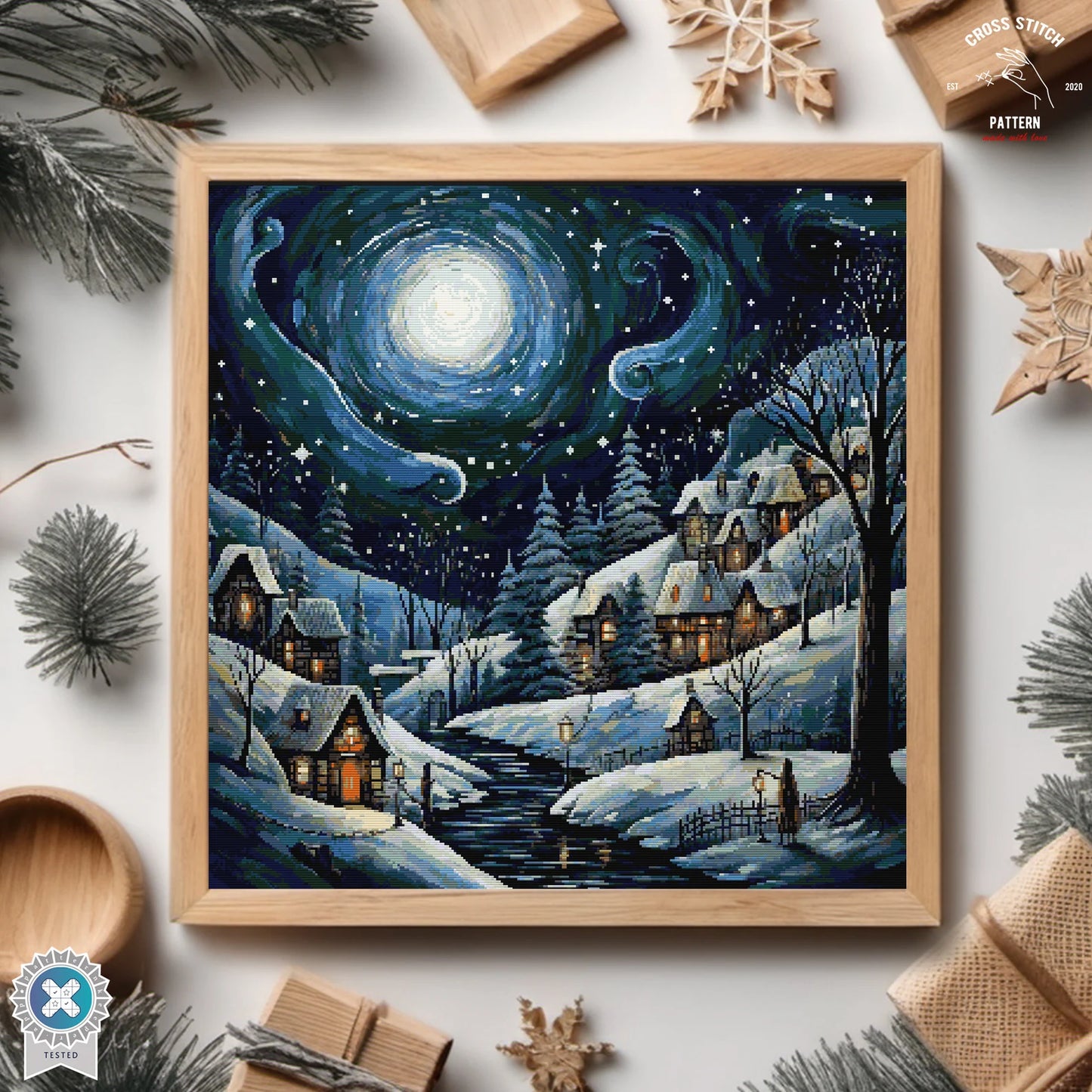 Christmas cross stitch pattern Winter Village Starry night embroidery Advent calendar embroidery Christmas tree ornament Christmas village