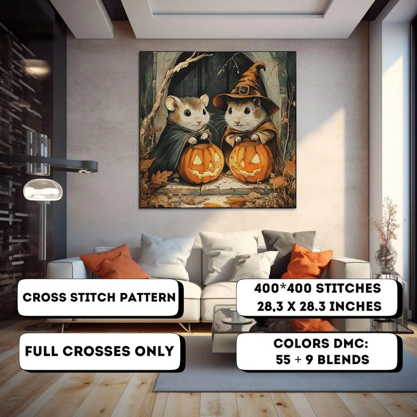Cross Stitch Pattern PDF Funny Halloween Hamsters, cross stitch art, pumpkin, full coverage, cute animal, digital desing, dmc