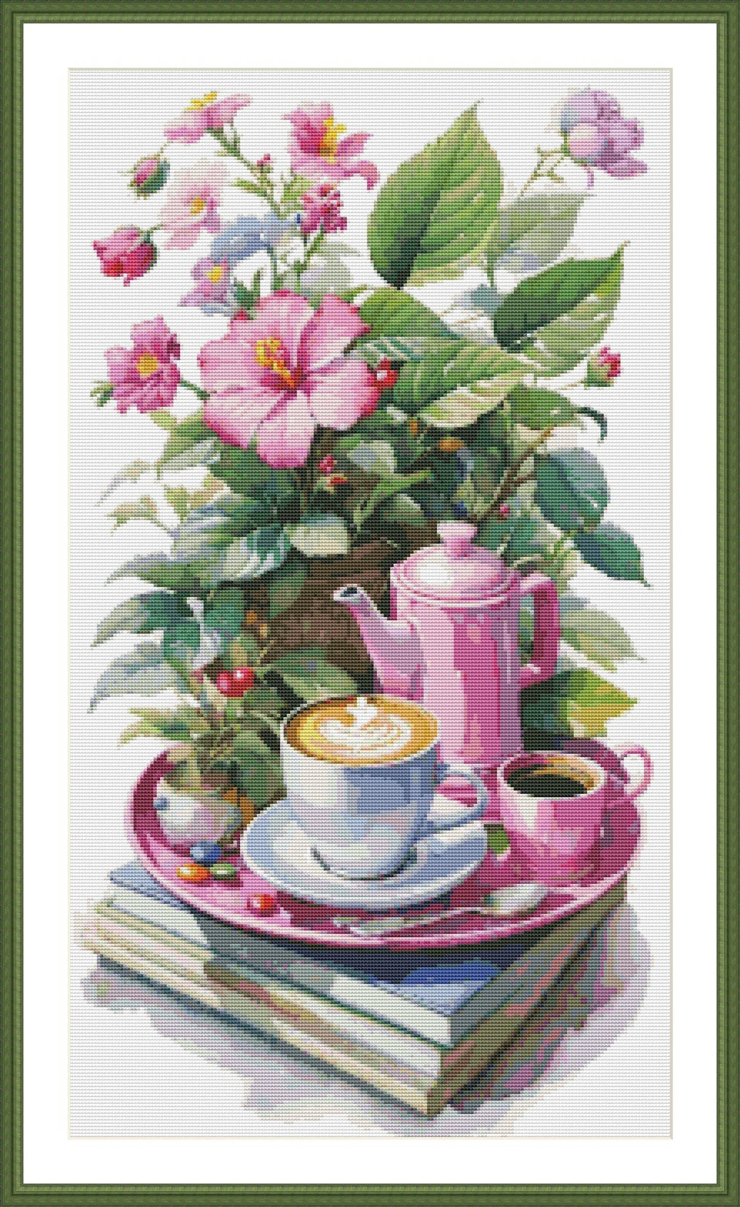 Coffee Time Cross Stitch Pattern Digital Pattern Watercolor Flowers Kitchen Still Life Modern Decor Pattern Cup of coffee Needlepoint chart