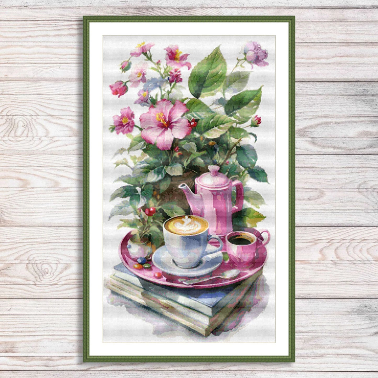 Coffee Time Cross Stitch Pattern Digital Pattern Watercolor Flowers Kitchen Still Life Modern Decor Pattern Cup of coffee Needlepoint chart