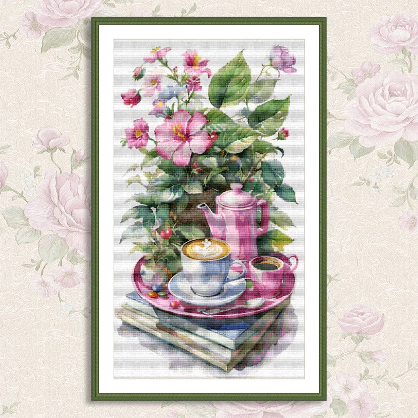 Coffee Time Cross Stitch Pattern Digital Pattern Watercolor Flowers Kitchen Still Life Modern Decor Pattern Cup of coffee Needlepoint chart