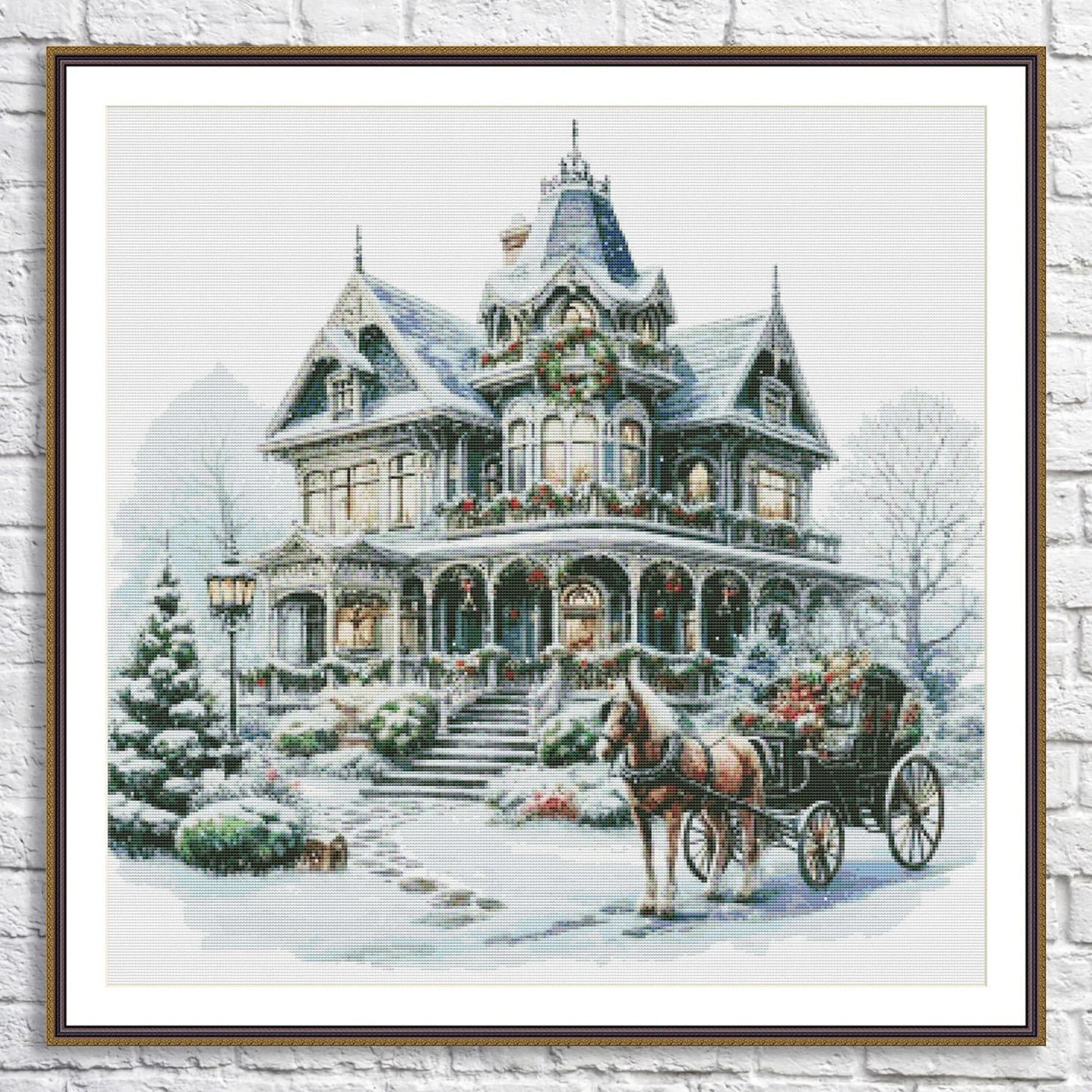 Victorian Christmas House Counted Cross Stitch Pattern Winter Landscape Holidays Hand Embroidery Needlepoint Chart Cottage PDF