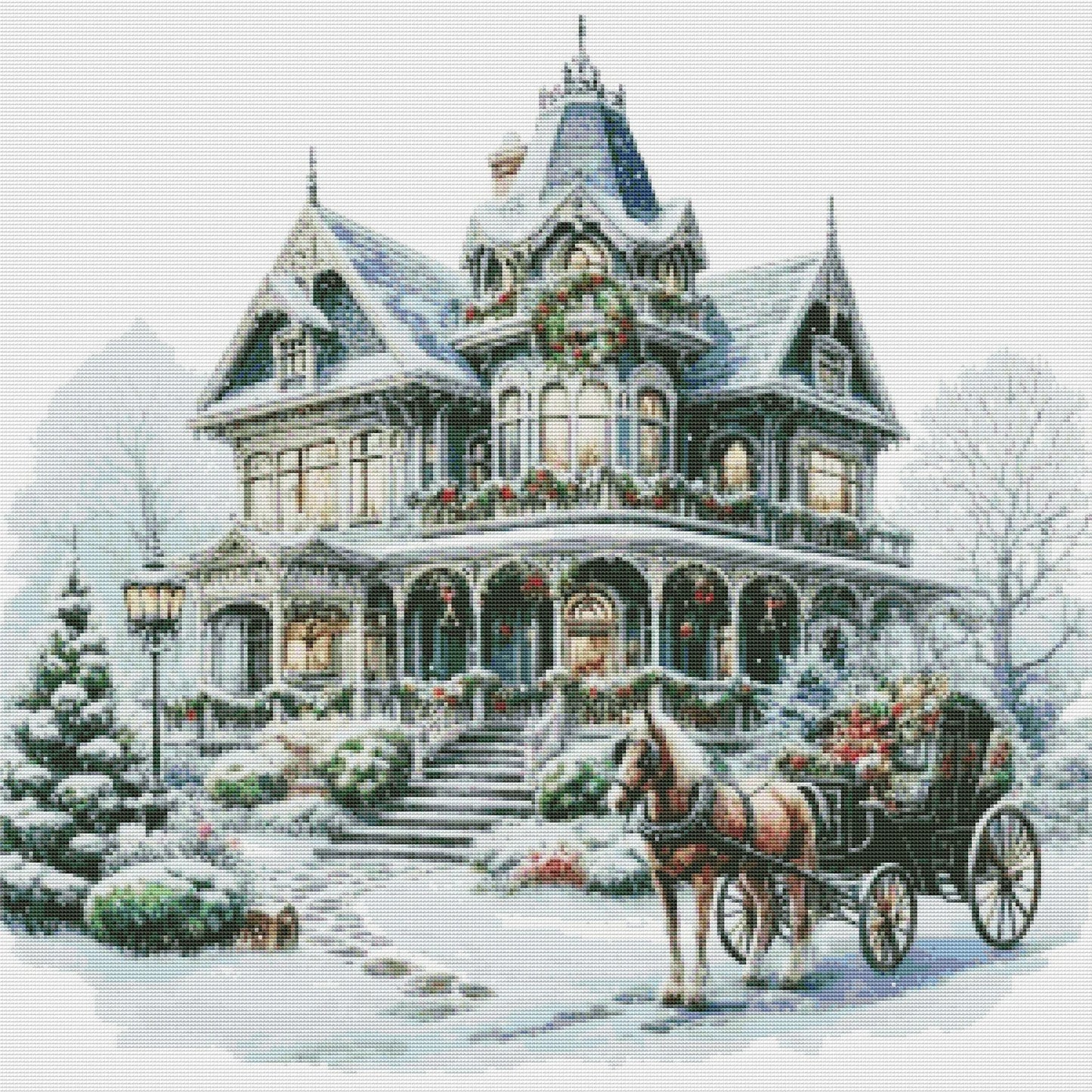 Victorian Christmas House Counted Cross Stitch Pattern Winter Landscape Holidays Hand Embroidery Needlepoint Chart Cottage PDF