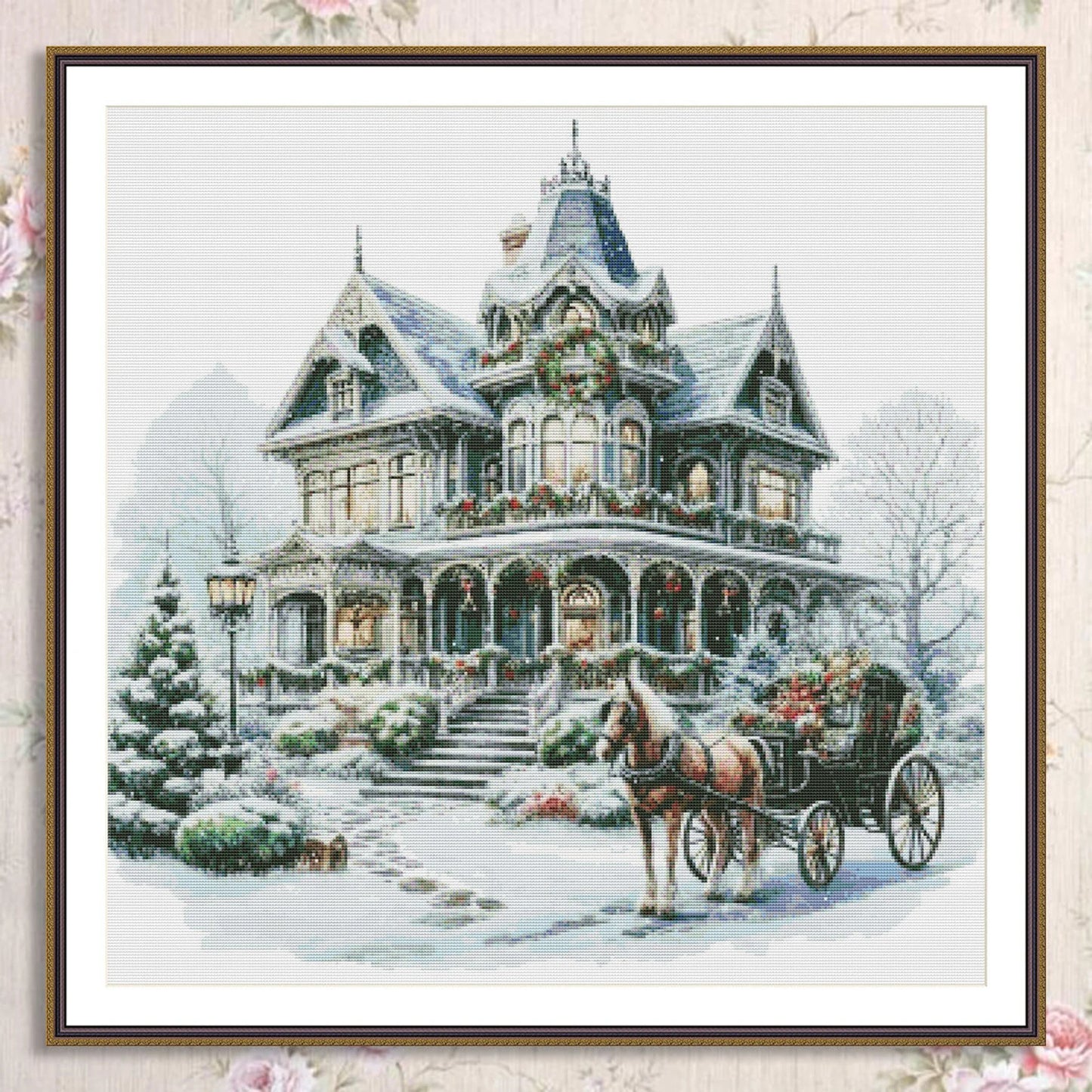 Victorian Christmas House Counted Cross Stitch Pattern Winter Landscape Holidays Hand Embroidery Needlepoint Chart Cottage PDF