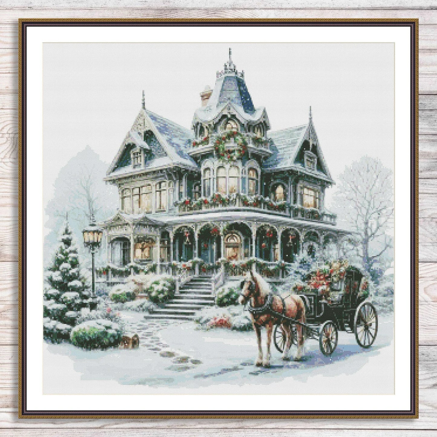 Victorian Christmas House Counted Cross Stitch Pattern Winter Landscape Holidays Hand Embroidery Needlepoint Chart Cottage PDF