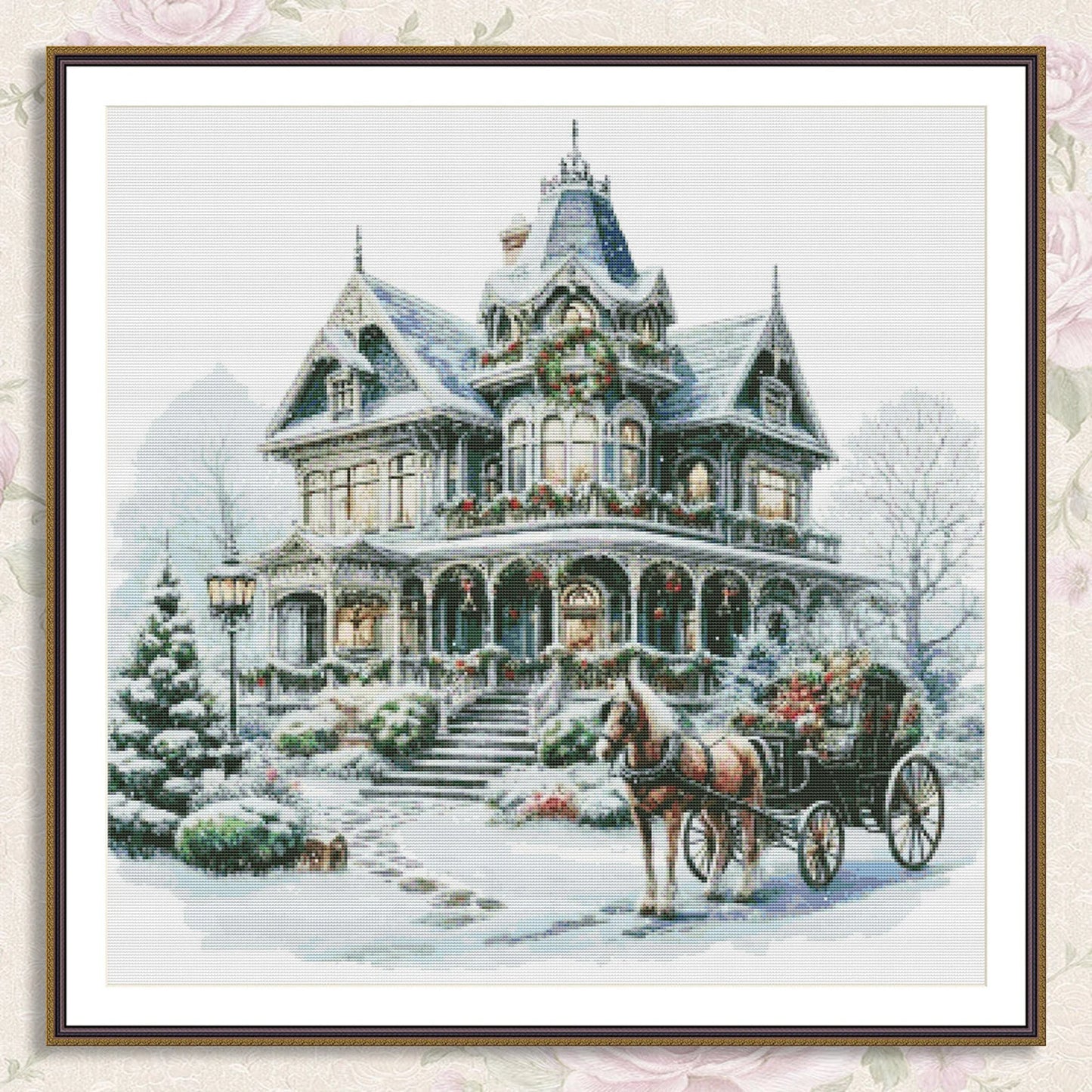 Victorian Christmas House Counted Cross Stitch Pattern Winter Landscape Holidays Hand Embroidery Needlepoint Chart Cottage PDF