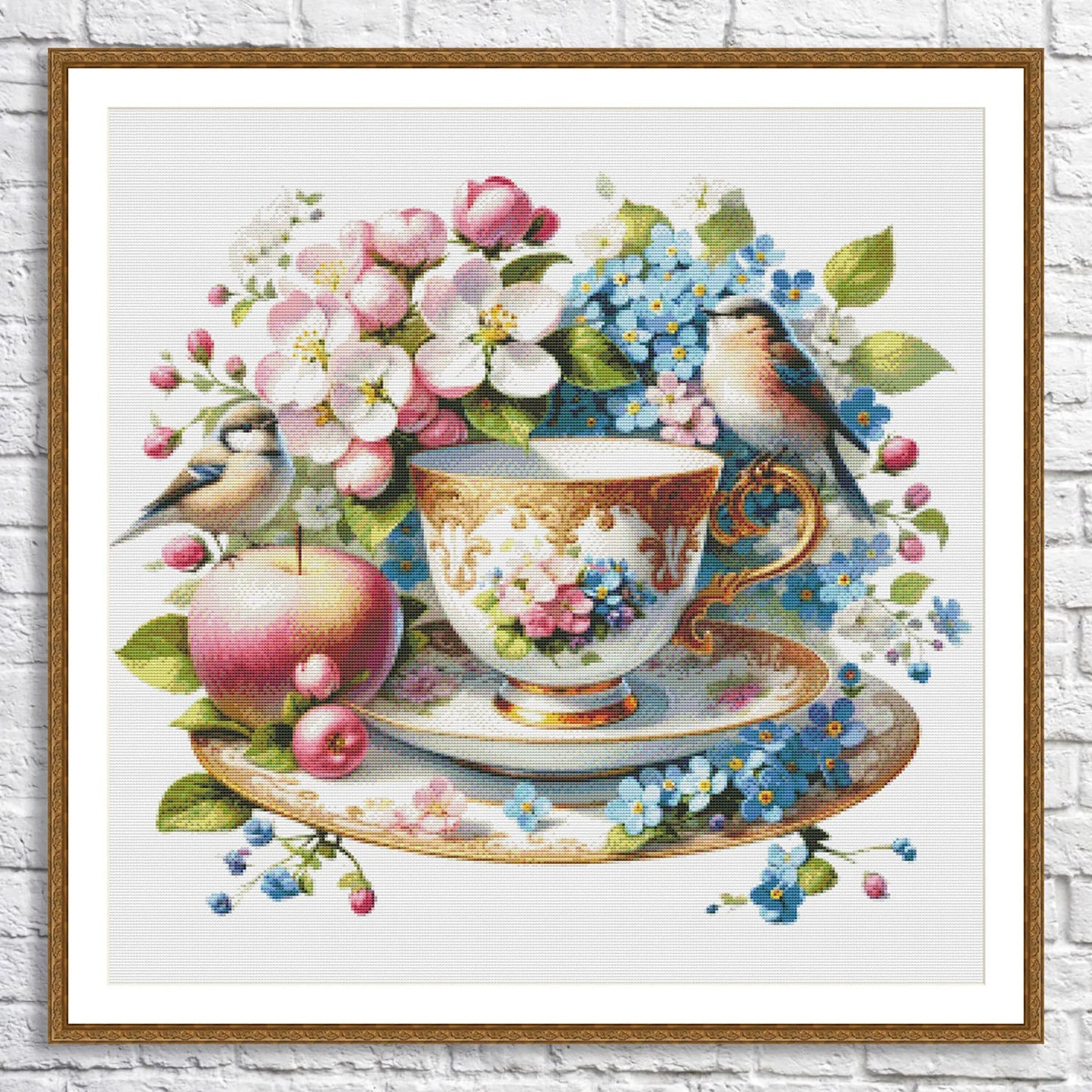 Blooming Tea Cup Cross Stitch Pattern Pattern Bird Bouquet of roses Kitchen Still Life Modern Decor Pattern Embroidery Needlepoint chart PDF