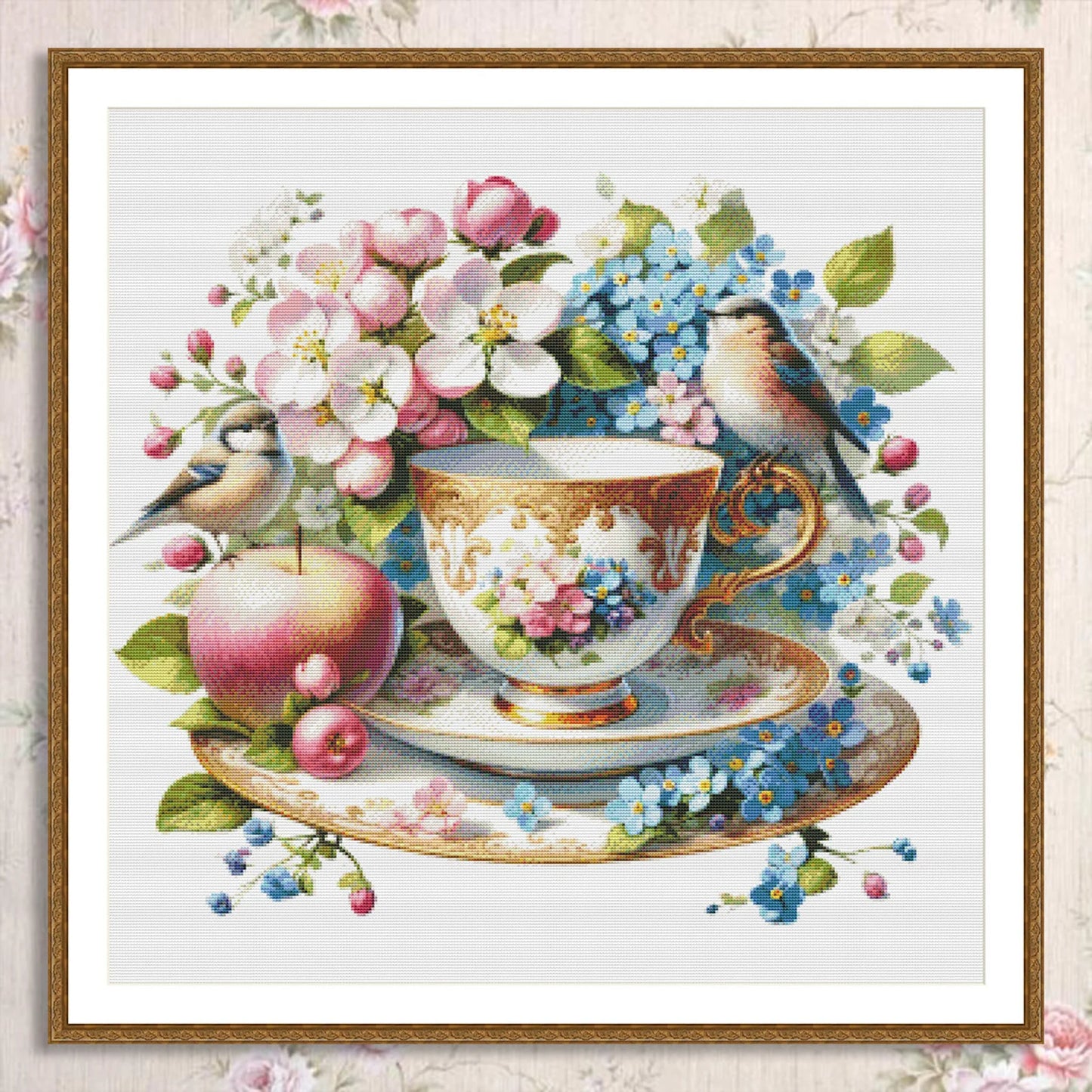Blooming Tea Cup Cross Stitch Pattern Pattern Bird Bouquet of roses Kitchen Still Life Modern Decor Pattern Embroidery Needlepoint chart PDF