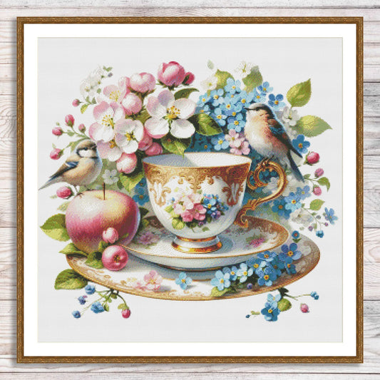 Blooming Tea Cup Cross Stitch Pattern Pattern Bird Bouquet of roses Kitchen Still Life Modern Decor Pattern Embroidery Needlepoint chart PDF