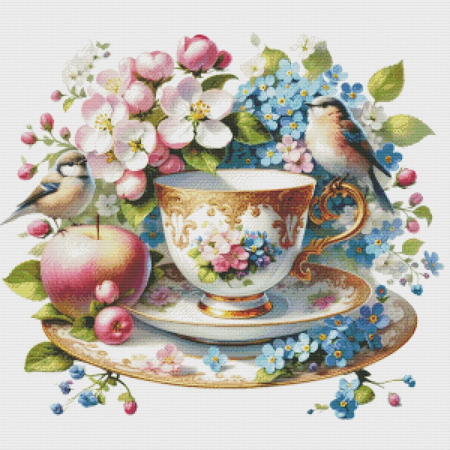 Blooming Tea Cup Cross Stitch Pattern Pattern Bird Bouquet of roses Kitchen Still Life Modern Decor Pattern Embroidery Needlepoint chart PDF