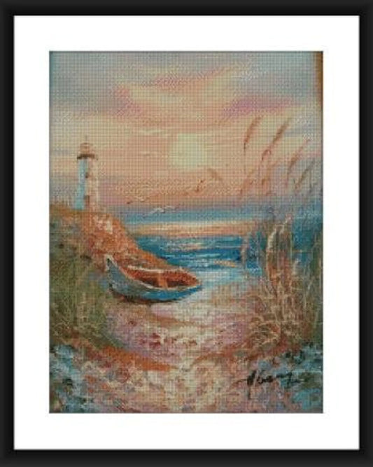 Watercolor Lighthouse PDF Counted cross stitch pattern Landscape Digital cross stitch chart seascape lighthouse PDF cross stitch pattern