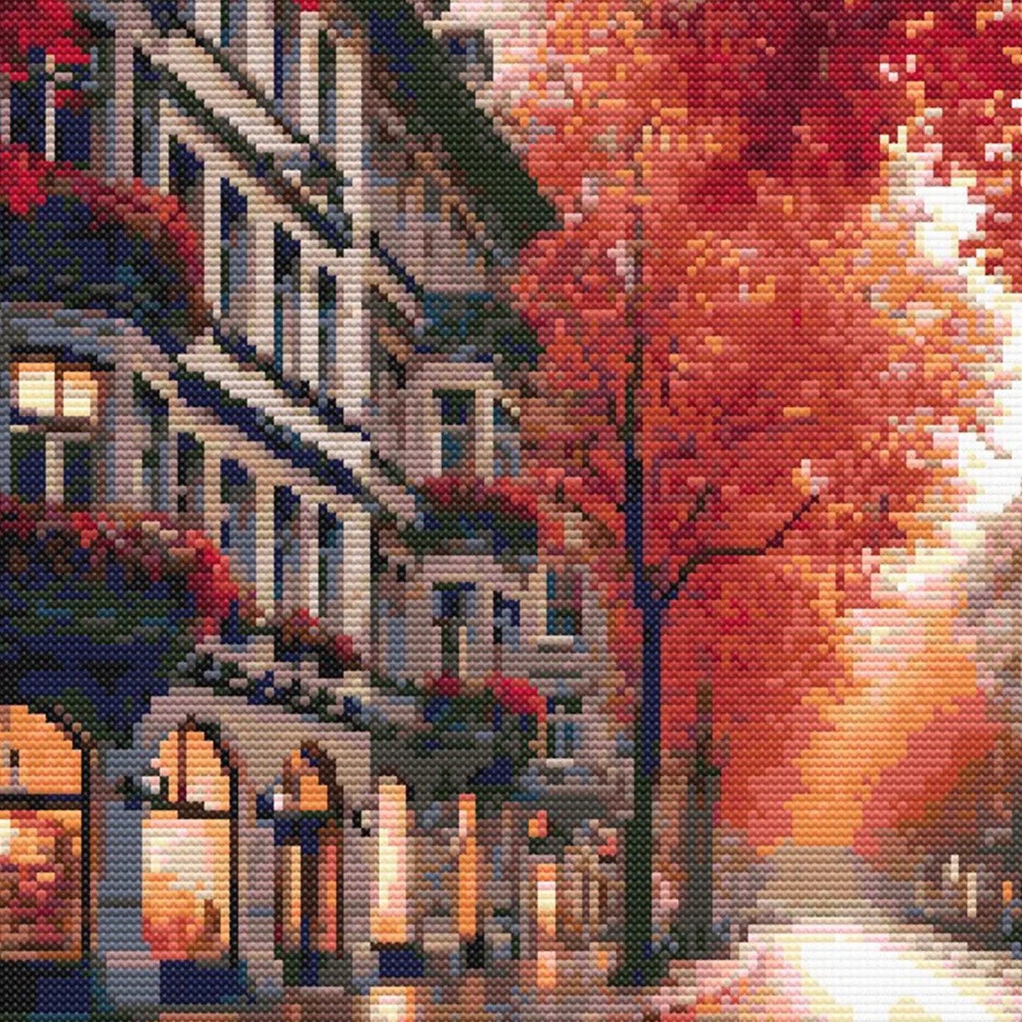 Autumn Cityscape Cross Stitch Pattern - Cozy Fall Street Scene Embroidery Design. Digital PDF Download.