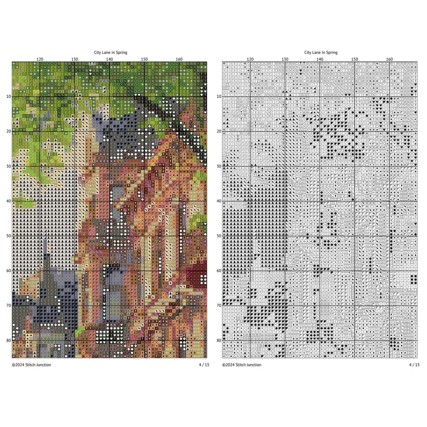 Cityscape Spring Lane Cross Stitch Pattern – Vibrant Pink Trees and Charming Street Scene Embroidery Pattern. Digital PDF Download.