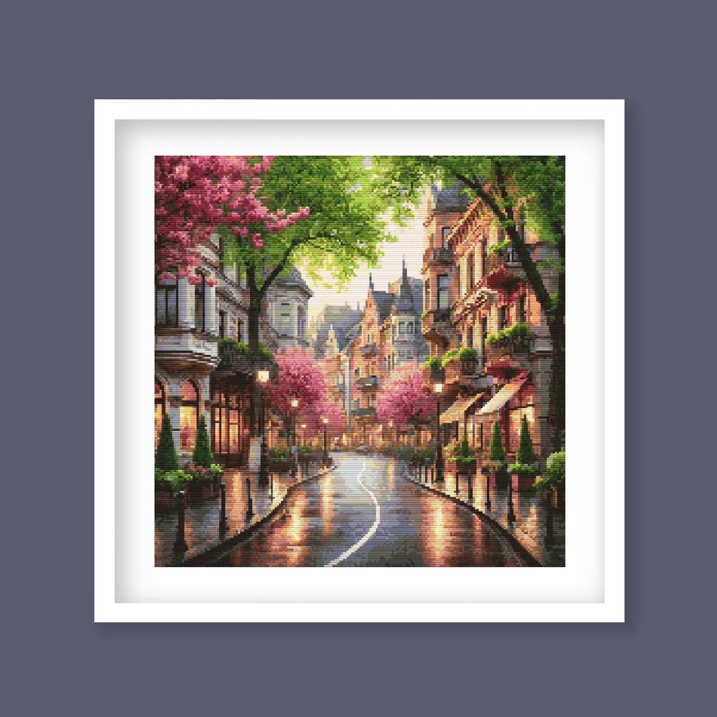 Cityscape Spring Lane Cross Stitch Pattern – Vibrant Pink Trees and Charming Street Scene Embroidery Pattern. Digital PDF Download.