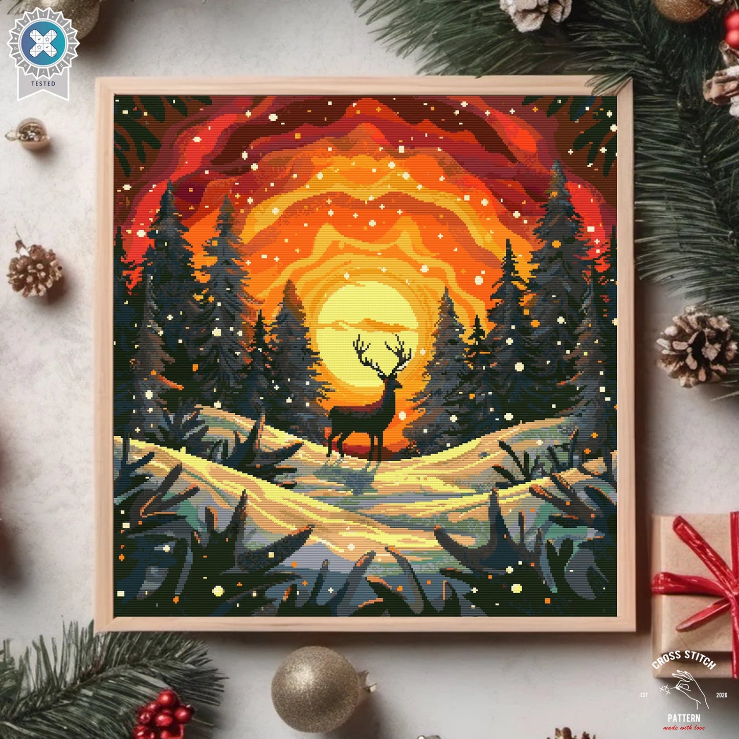 Christmas deer cross stitch pattern Winter Snowy forest embroidery Advent calendar embroidery Christmas tree ornament Sunset Embroidery pdf