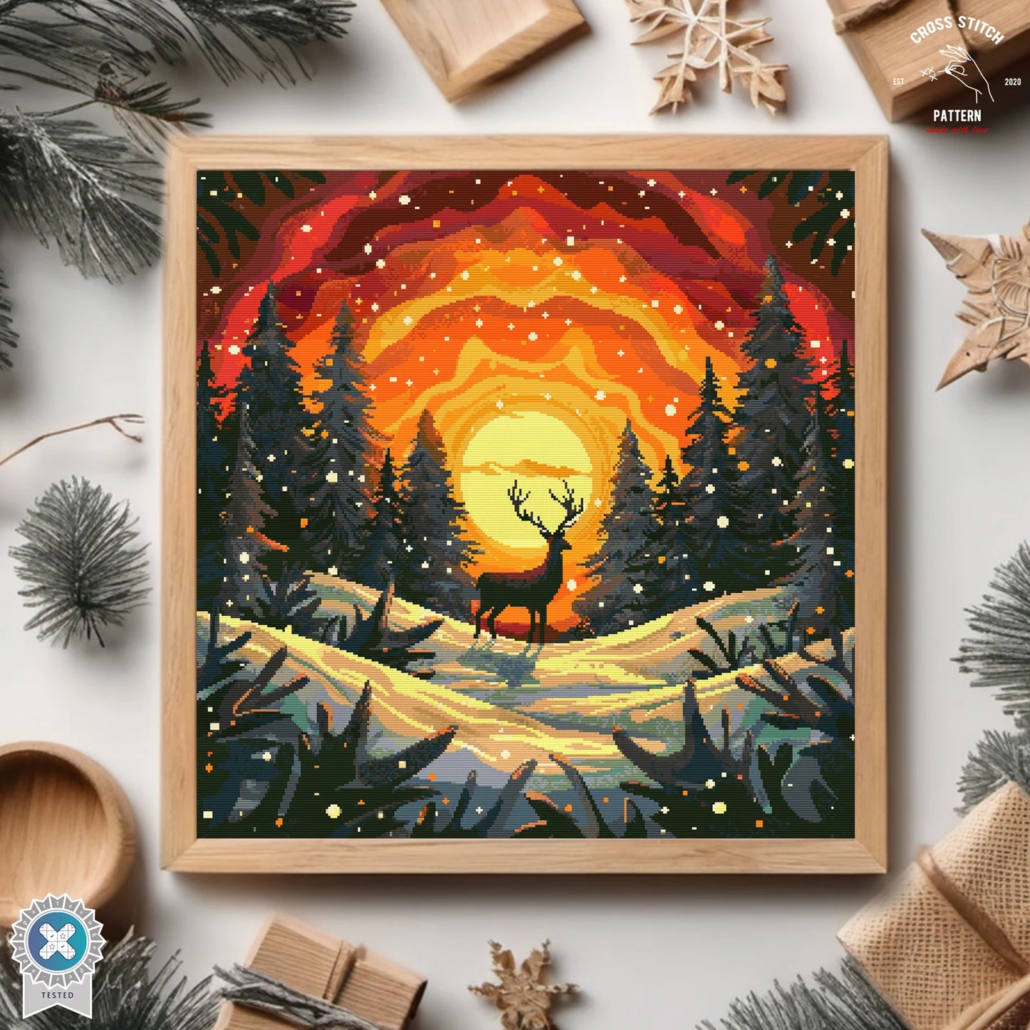 Christmas deer cross stitch pattern Winter Snowy forest embroidery Advent calendar embroidery Christmas tree ornament Sunset Embroidery pdf