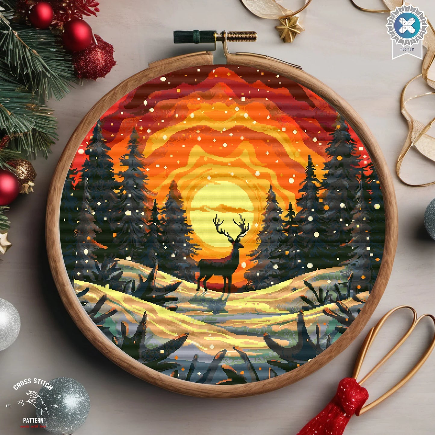 Christmas deer cross stitch pattern Winter Snowy forest embroidery Advent calendar embroidery Christmas tree ornament Sunset Embroidery pdf