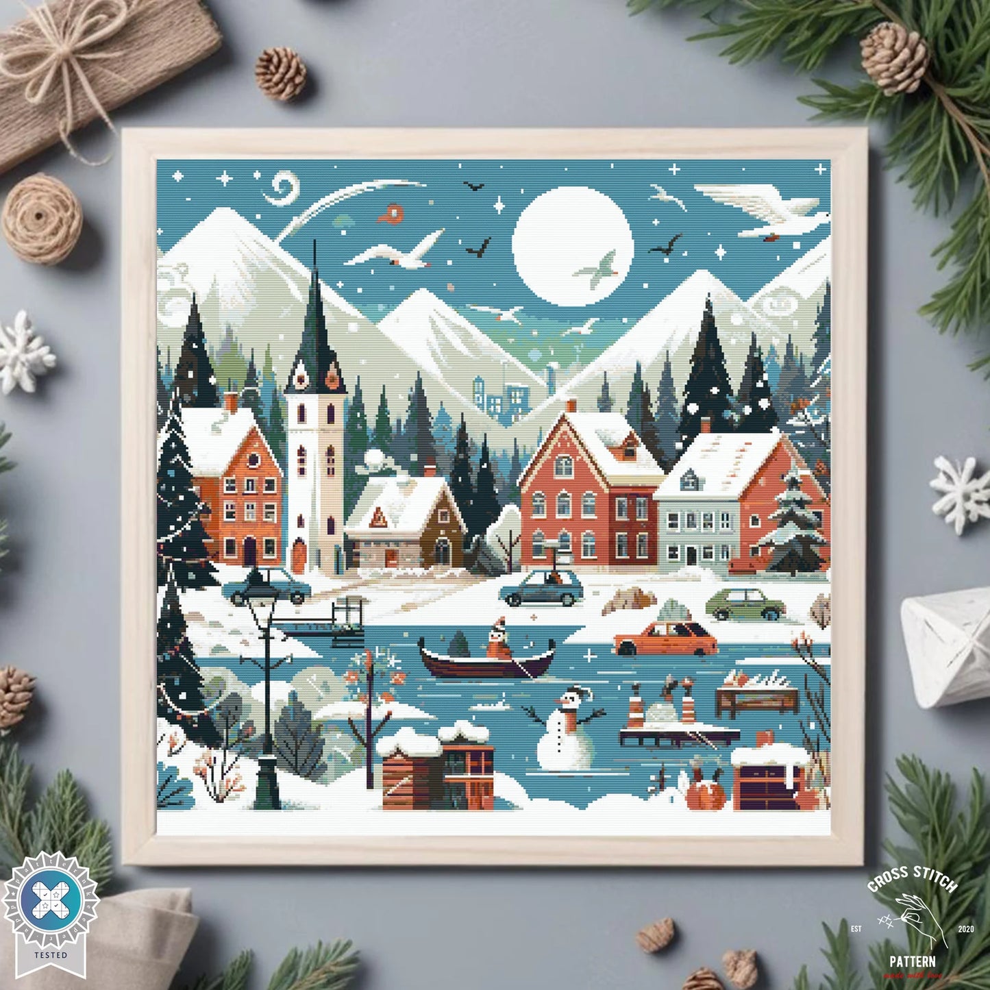 Christmas cross stitch pattern Winter Village embroidery Advent calendar embroidery Christmas tree ornament Christmas village Cute Snowman