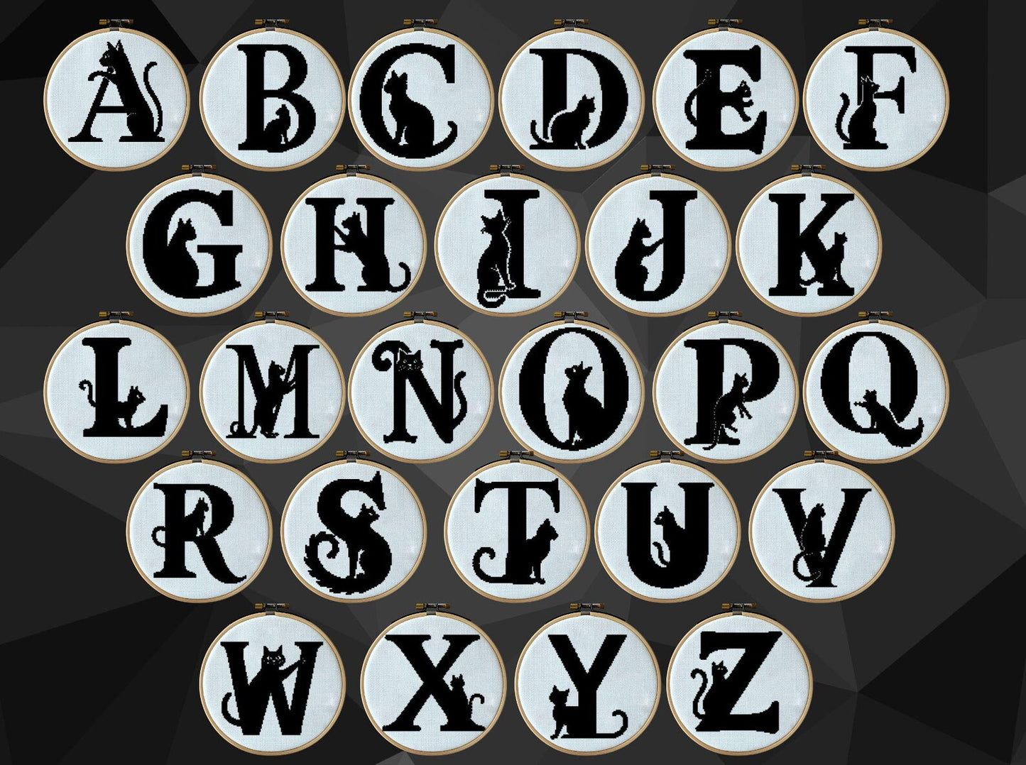 Set of 26 cat letters, full alphabet cross modern cross stitch pattern, floral initial, monogram hoop art, nursery décor DIY, digital PDF