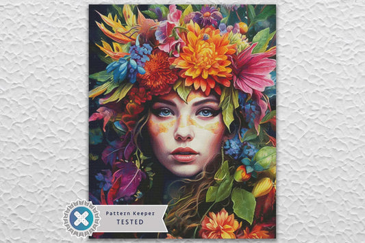 Floral Woman Portrait Full Coverage Counted Cross Stitch Pattern Digital PDF Compatible with Pattern Keeper App. Instant Download Printable.