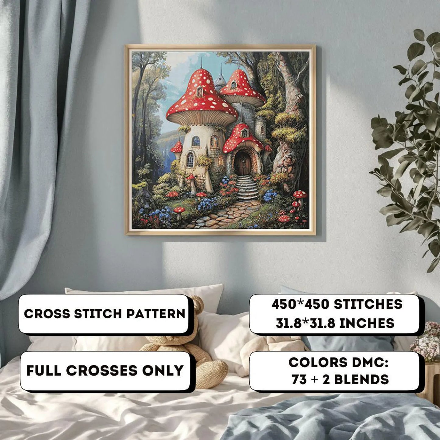 Cross Stitch Pattern PDF Mushroom House, autumn embroidery, digital pattern, embroidery designs, gnome cross stitch pattern, fantasy castle