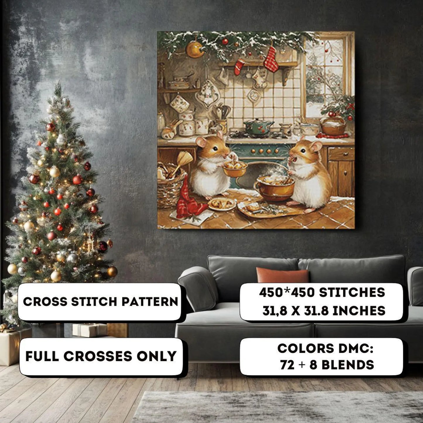 Cross Stitch Pattern PDF Hamsters in the kitchen, digital desing, dms, mouse, christmas tree, valentine cross stitch pattern, gnome cross