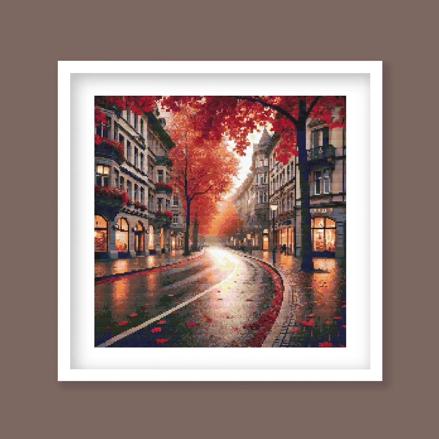 Autumn Cityscape Cross Stitch Pattern - Cozy Fall Street Scene Embroidery Design. Digital PDF Download.