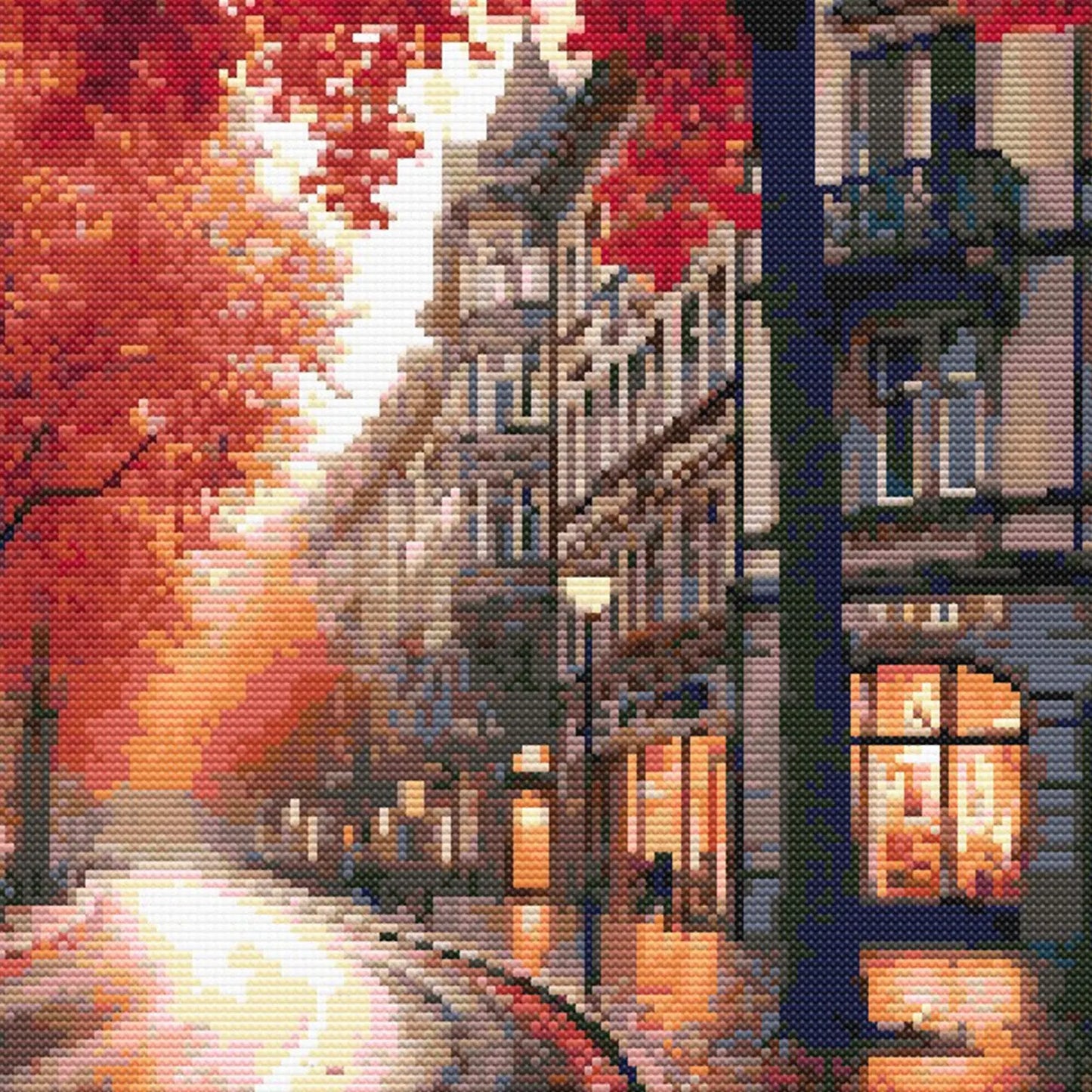 Autumn Cityscape Cross Stitch Pattern - Cozy Fall Street Scene Embroidery Design. Digital PDF Download.