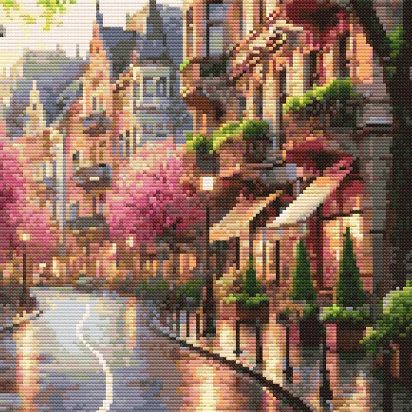 Cityscape Spring Lane Cross Stitch Pattern – Vibrant Pink Trees and Charming Street Scene Embroidery Pattern. Digital PDF Download.