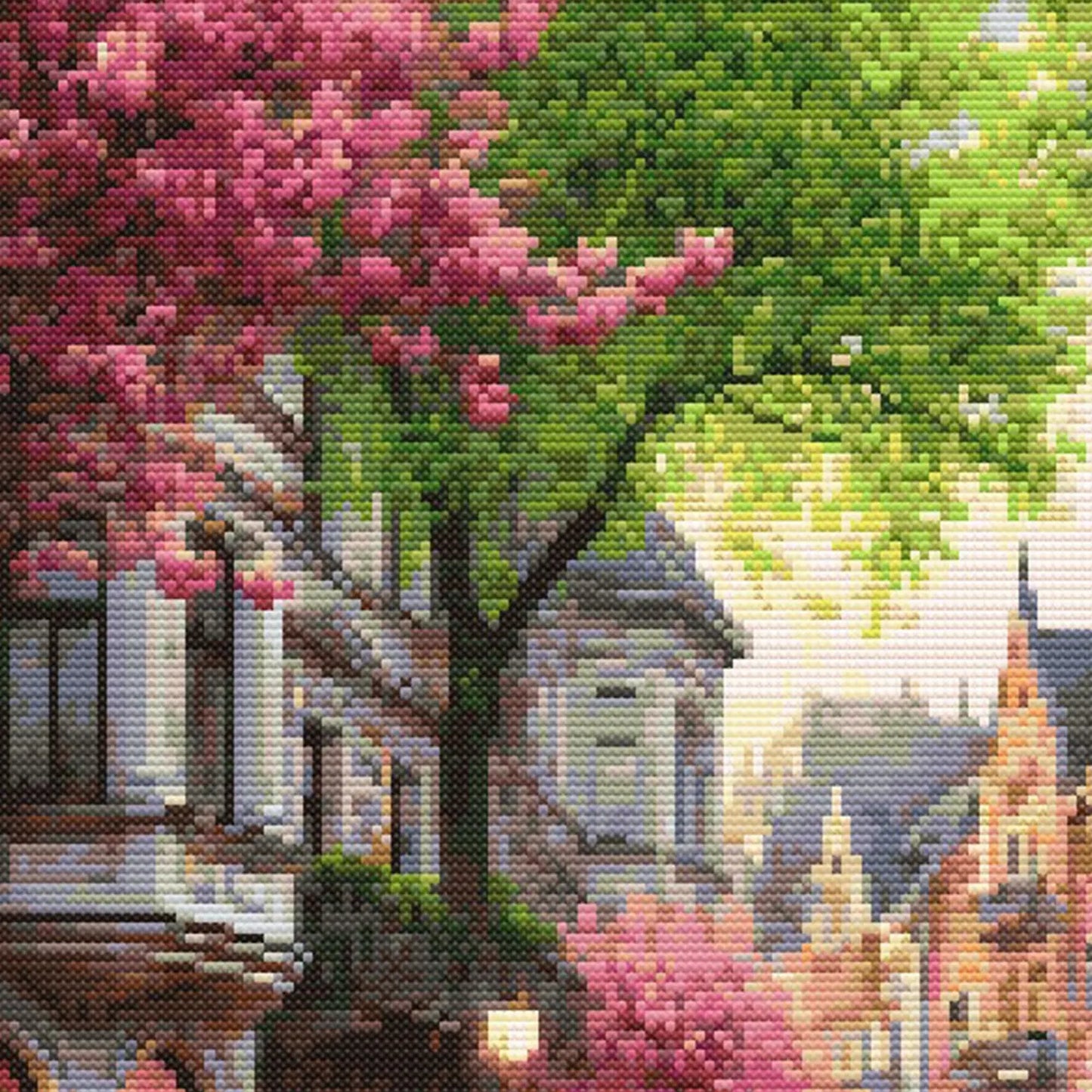 Cityscape Spring Lane Cross Stitch Pattern – Vibrant Pink Trees and Charming Street Scene Embroidery Pattern. Digital PDF Download.