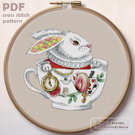 Cross Stitch Pattern White Rabbit (Alice in Wonderland) DMC Embroidery Chart Printable PDF Instant Download