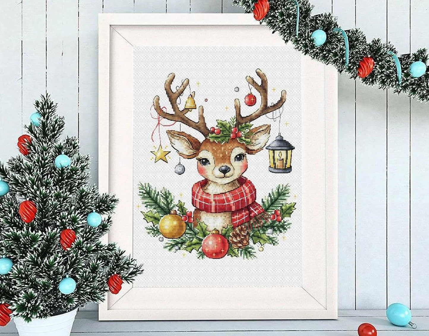 Christmas Reindeer Cross Stitch Pattern Deer Festive Holiday Santa's Animals Decoration Scene PDF Instant Download Saga Tree Ornament Winter