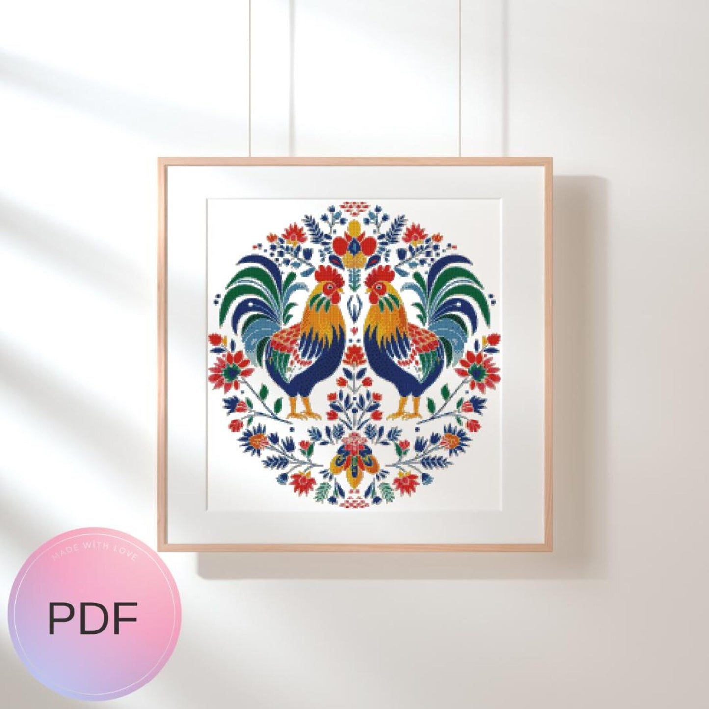Folk Art Rooster Cross Stitch Pattern, Watercolor X Stitch Chart , Instant Download, Pdf, Animal