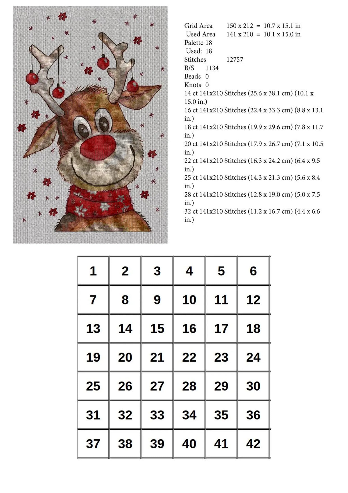 Cute Reindeer - Counted Cross Stitch Patterns - Printable Chart PDF Format Needlework Embroidery Crafts DIY DMC color