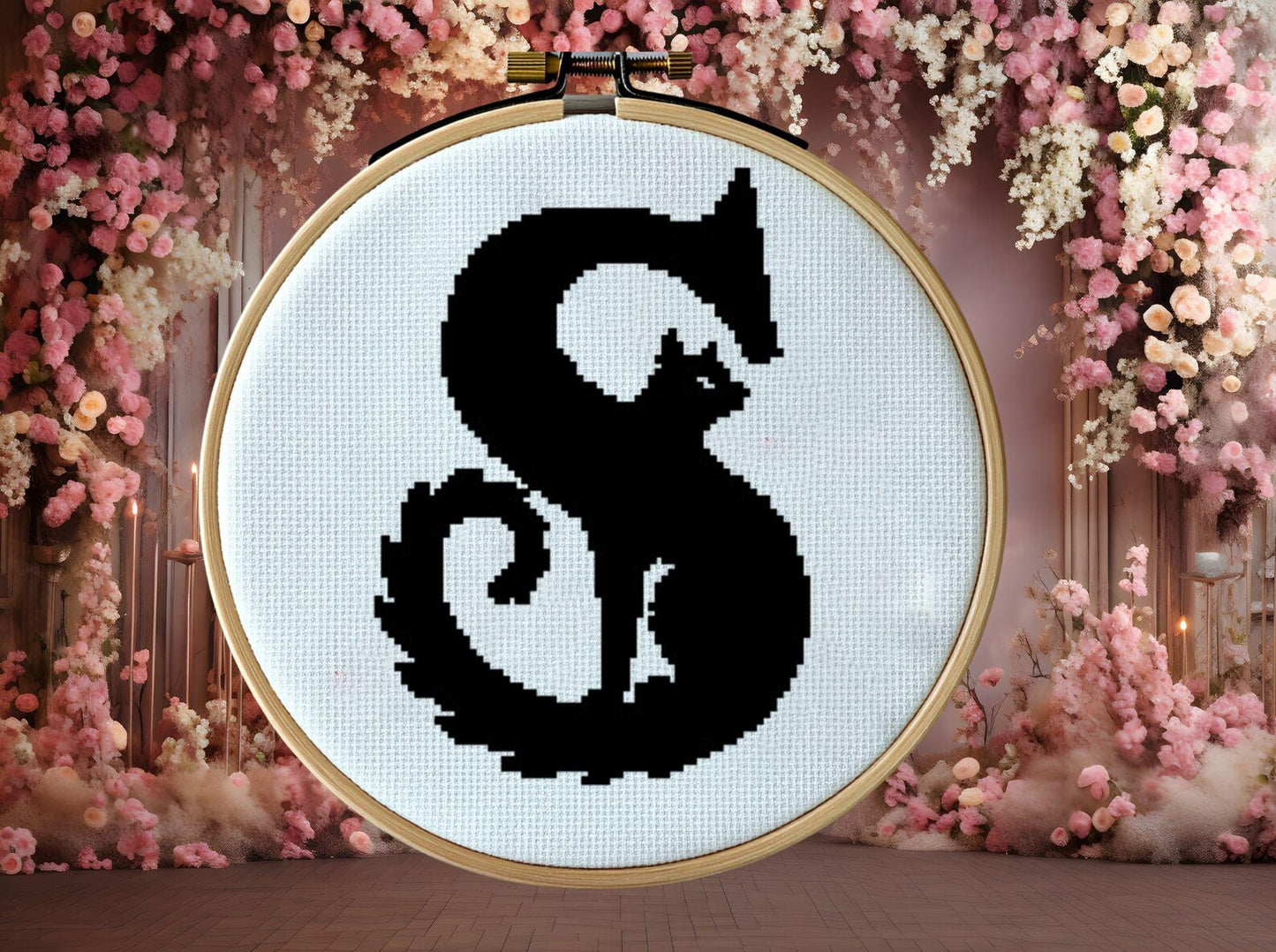 Set of 26 cat letters, full alphabet cross modern cross stitch pattern, floral initial, monogram hoop art, nursery décor DIY, digital PDF