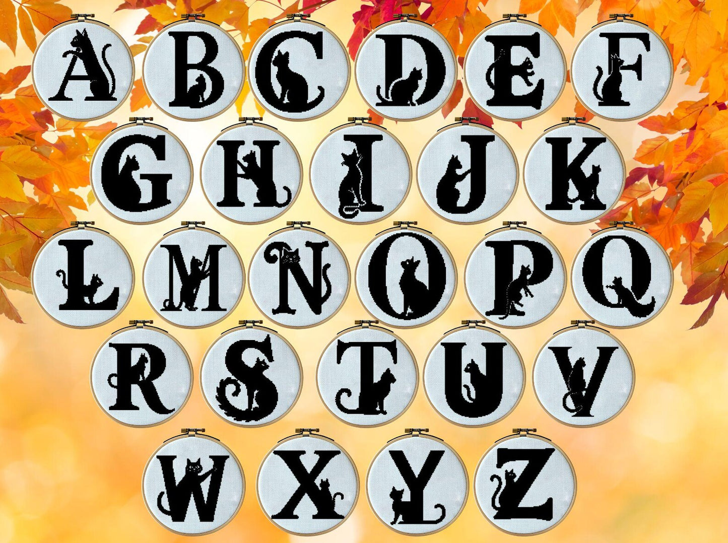 Set of 26 cat letters, full alphabet cross modern cross stitch pattern, floral initial, monogram hoop art, nursery décor DIY, digital PDF