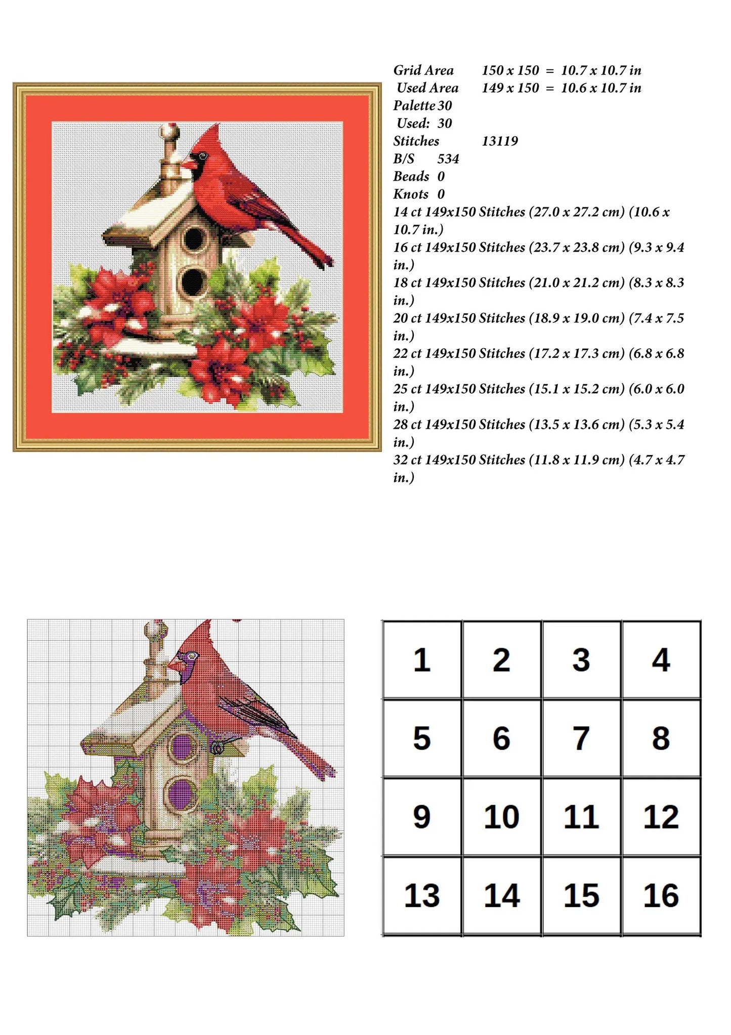 Cardinal on tree branch - Counted Cross Stitch Patterns - Printable Chart PDF Format Needlework Embroidery Crafts DIY DMC color