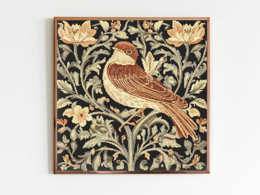 William Morris Style Sparrow and Botanicals Cross Stitch Sewing Modern Embroidery Pattern Artwork Art Needlework Embroidery Cottagecore Bird
