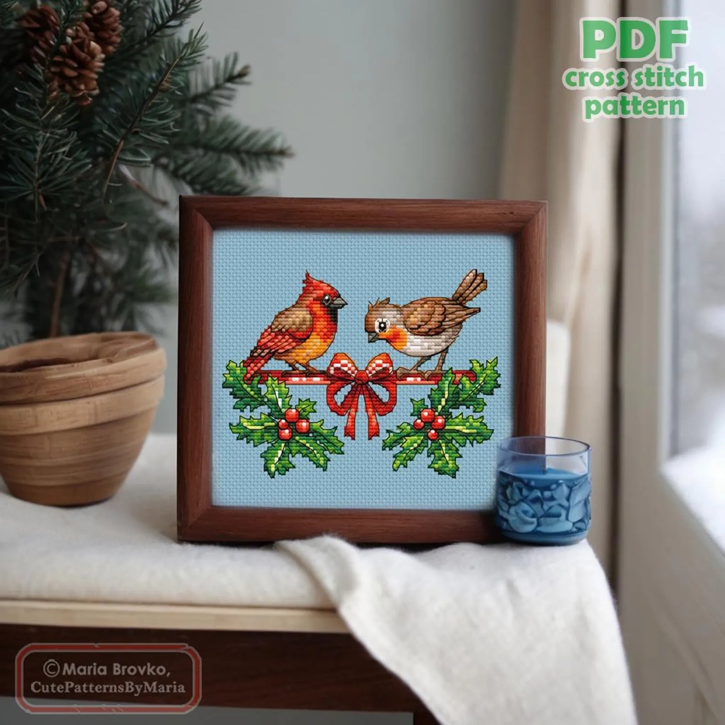Cross Stitch Pattern Birds on a Christmas ribbon DMC Chart Printable PDF Instant Download