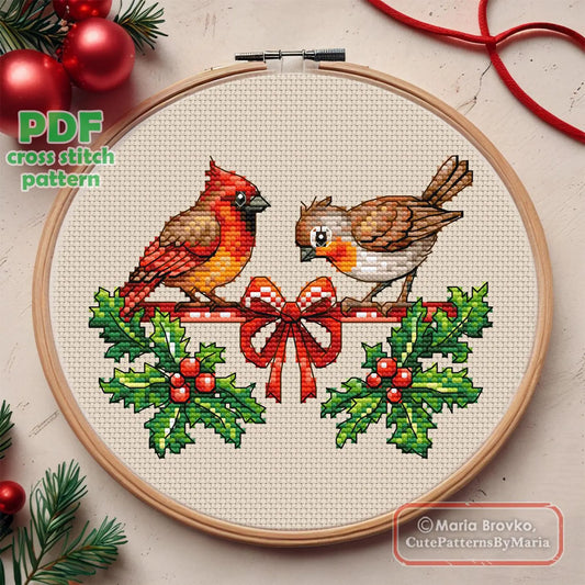 Cross Stitch Pattern Birds on a Christmas ribbon DMC Chart Printable PDF Instant Download