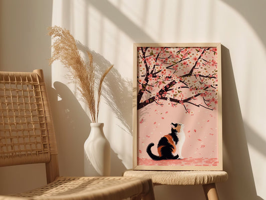 Calico Cat Under Cherry Blossoms - Digital Download, Japanese Cherry Blossom Art Print, Spring Feline Wall Decor, Cute Cat Printable