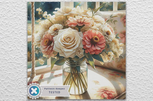 Zinnias & Roses Full Coverage Counted Cross Stitch Pattern Digital PDF Compatible with Pattern Keeper App. Instant Download Printable.