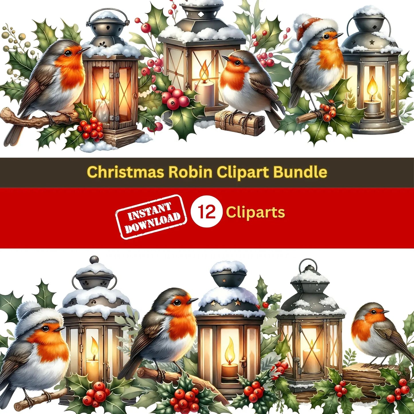 12 Christmas Robin Clipart Set , Printable Watercolor clipart, High Quality JPGs, Digital download, Paper craft, junk journals