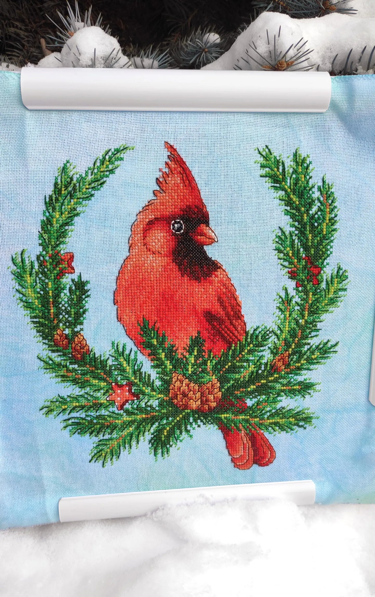 Cross Stitch Christmas Decor Spruce wreath with cardinal DMC Chart Printable PDF Instant Download