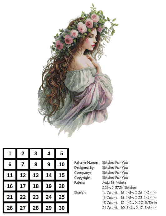 Lady with flowers - Counted Cross Stitch Patterns - Printable Chart PDF Format Needlework Embroidery Crafts DIY DMC color